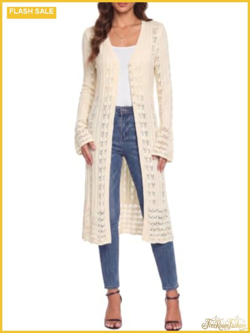 Lightweight Knit Long Cardigan Bell Sleeve V-Neck Sheer Mesh